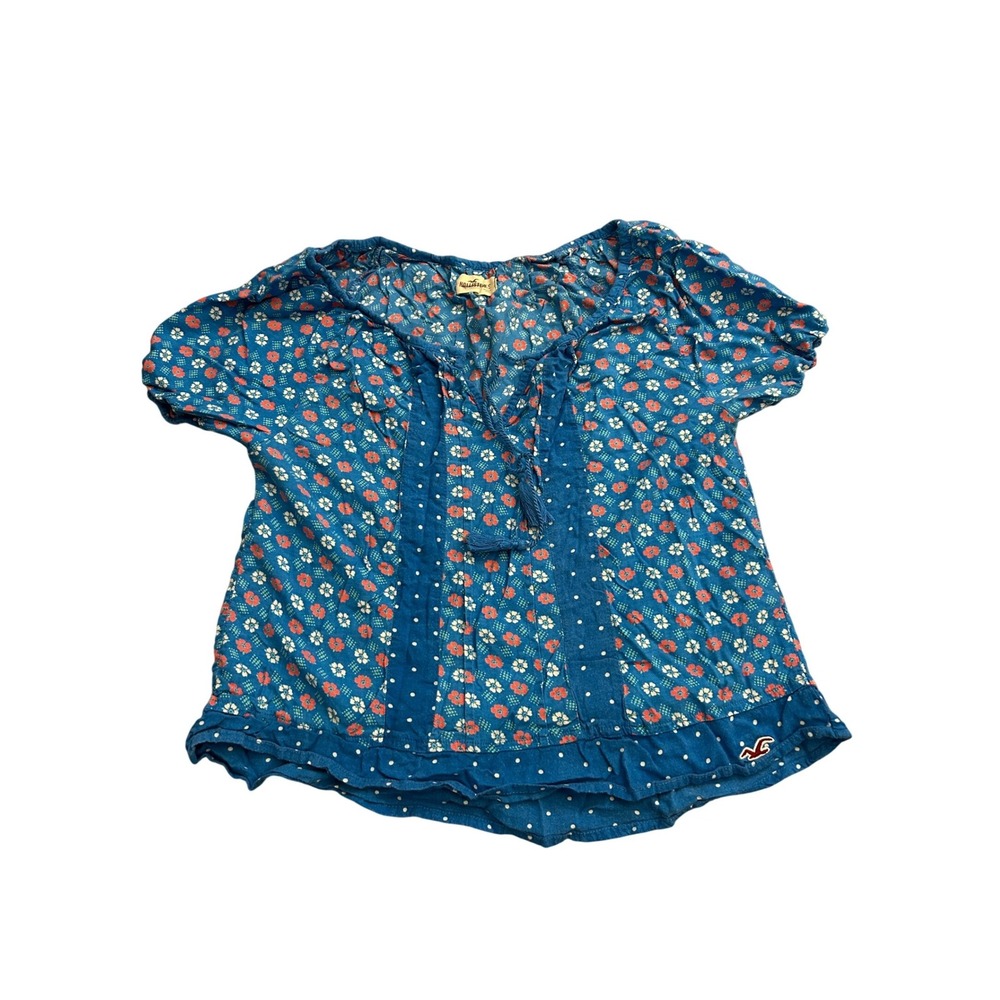 Hollister Peasant Blouse Womens XS Blue Excellent Floral Polka Dot Tassel Top